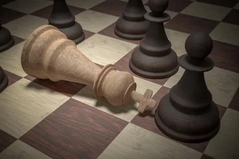 Checkmate in chess. White king is surrounded by black pawns. 3D rendered illustr Ilustração Stock
