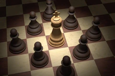 Checkmate in chess. White king is surrounded by black pawns. 3D rendered illu Stock Photos