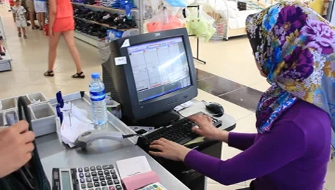 Checkout counter in the textile shop Stock-Footage 7968418