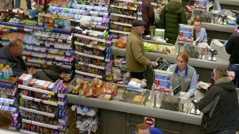 Checkout Counters in Supermarket: Top View Stock Footage 157570640
