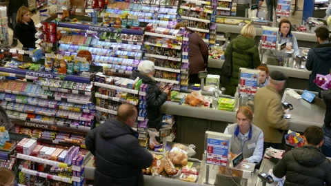 Checkout Counters in Supermarket: Top View Stock Footage 157959801
