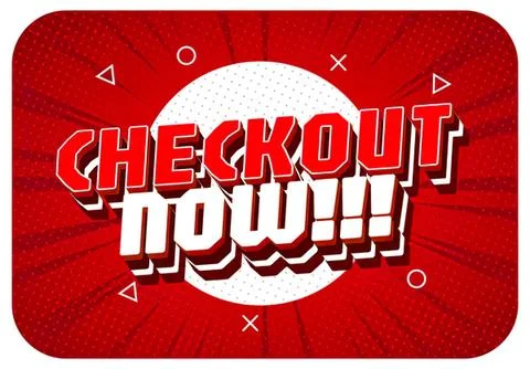 Checkout now! bright red graphic with bold text Stock Illustration