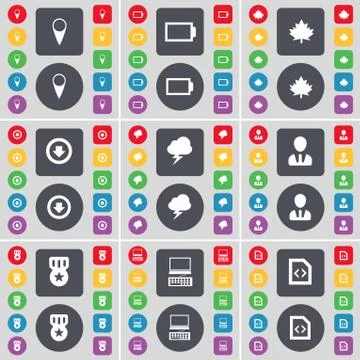 Checkpoint, Battery, Maple leaf, Arrow down, Lightning, Avatar, Medal, Laptop, F Stock Illustration