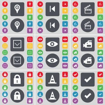 Checkpoint, Media skip, Clapper, Arrow down, Vision, Film camera, Lock, Cone, Ti Illustrazione stock