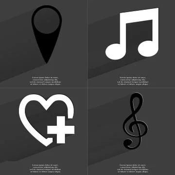 Checkpoint, Note, Heart with plus, Clef icon sign. Set of Symbols with Flat d Stock Illustration