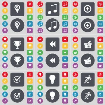 Checkpoint, Note, Plus, Cup, Rewind, Basket, Tick, Light bulb, Football icon sym 스톡 일러스트