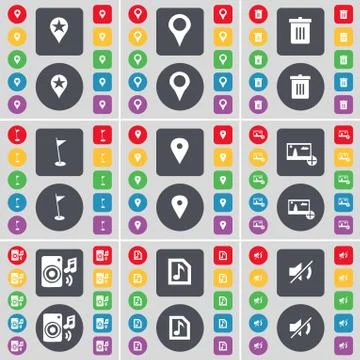 Checkpoint, Trash can, Golf hole, Picture, Speaker, Music file, Mute icon symbol Stock-Illustration