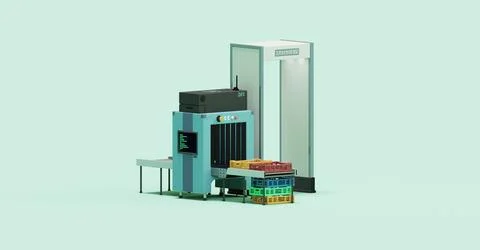 Checkpoint X-ray Luggage Scanner with a security frame gate near it. Stock Illustration
