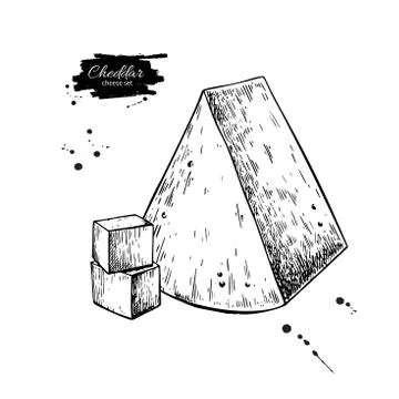 Cheddar cheese drawing. Vector hand drawn food sketch. Engraved triangle Slice Stock Illustration
