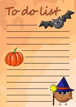 Cheeck To do list with halloween owl, pumpkin and bat Illustrazione stock