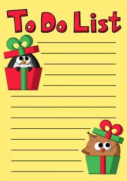 Cheek To do list with cute cartoon penguin and owl in gift box Stock Illustration