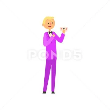 Cheepful illusionist showing trick with playing cards. Magic focus. Cartoon Stock Illustration