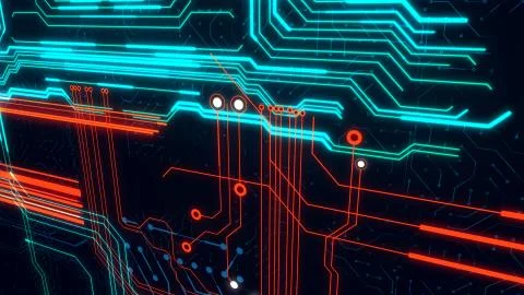 Cheerful 3d rendering of an up-to-date circuit board with orange, blue and ce Stock Illustration
