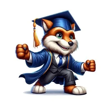 Cheerful active fox dressed in a blue graduation gown and cap 스톡 일러스트