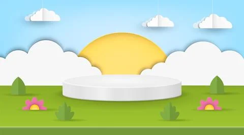 A cheerful and inviting scene featuring a bright sun, fluffy clouds, and a mo Illustrazione stock