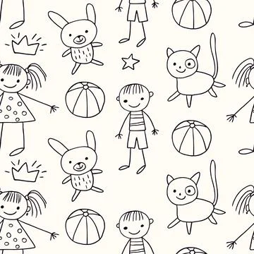 Cheerful and playful seamless pattern featuring childlike drawings Stock Illustration