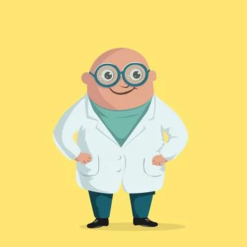 Cheerful bald man in white doctor's coat flat character illustration Stock Illustration