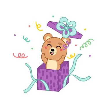 Cheerful bear is jumping out of present. Bear open gift box. Cartoon, kawaii Stock Illustration