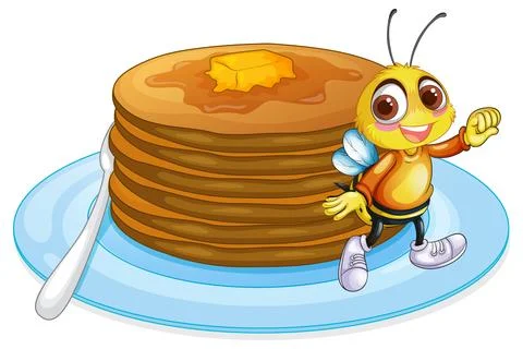 Cheerful Bee with Pancakes Stock Illustration
