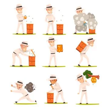 Cheerful beekeeper at work, apiarist man harvesting, selling honey, caring for Stock Illustration