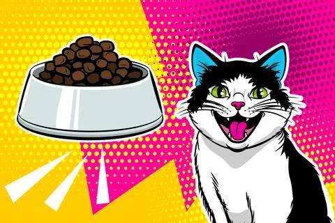 Cheerful black white cat eagerly awaiting mealtime Stock Illustration