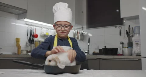 A cheerful boy in a chefs hat playing with a rabbit in a pan in a modern kitchen Stock Footage 319044863