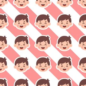 Cheerful Boy Emoticon Seamless Pattern Design with Diagonal Pink Stripes Styl Stock Illustration