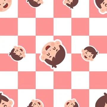Cheerful Boy Emoticons Seamless Pattern on Pink and White Checkerboard Back.. Stock Illustration