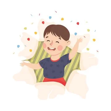 Cheerful Boy Looking Through Torn Paper Hole with Confetti Explosion and Waving Stock Illustration