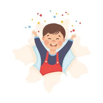 Cheerful Boy Looking Through Torn Paper Hole with Confetti Explosion Vector Stock Illustration