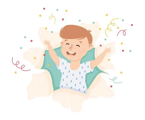 Cheerful Boy Looking Through Torn Paper Hole with Confetti Explosion and Waving Stock Illustration