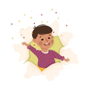 Cheerful Boy Looking Through Torn Paper Hole with Confetti Explosion Vector Stock Illustration