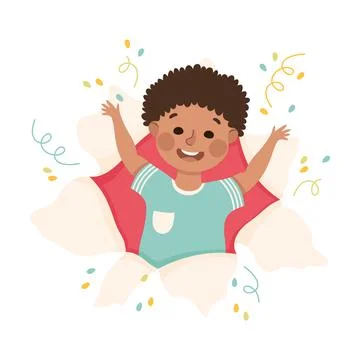 Cheerful Boy Looking Through Torn Paper Hole with Confetti Explosion and Waving Stock Illustration