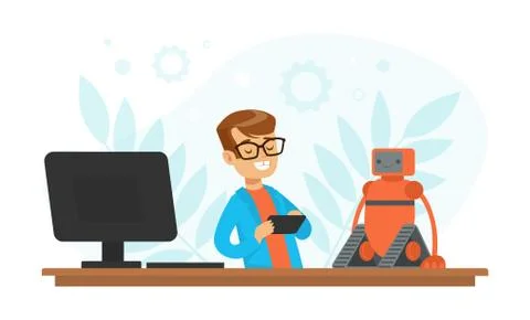 Cheerful Boy Programming Smart Robot at Lesson, Electronics Education, High Tech 스톡 일러스트