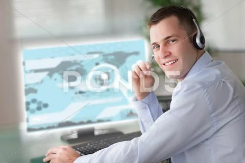 Cheerful businessman using futuristic interface hologram Stock Photos