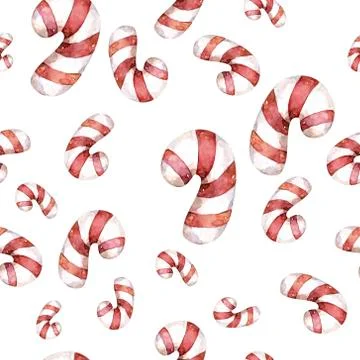 Cheerful candy cane background seamless pattern. Hand drawn watercolor cute c Stock Illustration