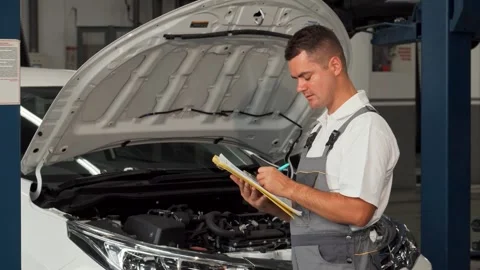 Cheerful car mechanic smiling while filling out paperwork near an open hood Video stock 311641721