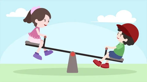 Cheerful cartoon boy and girl characters playing on a sesaw in a playground. Stock Footage 279468339