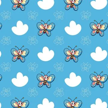 Cheerful Cartoon Butterflies with Cloud Patterns on Blue Stock Illustration