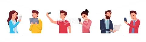 Cheerful cartoon people communicate via internet Stock Illustration