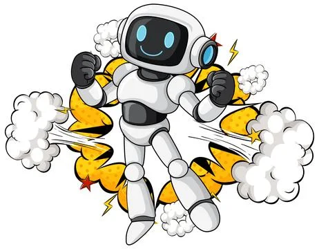Cheerful Cartoon Robot Celebrating with Comic Explosion Effects Stock Illustration
