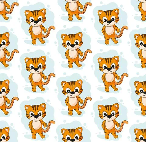 Cheerful cartoon tiger seamless pattern vector illustration. Stock Illustration