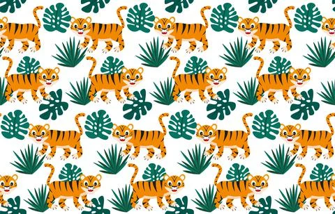 Cheerful cartoon tiger seamless pattern vector illustration. Stock Illustration