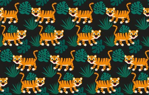 Cheerful cartoon tiger seamless pattern vector illustration. Stock Illustration