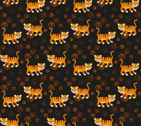 Cheerful cartoon tiger seamless pattern vector illustration. Stock Illustration