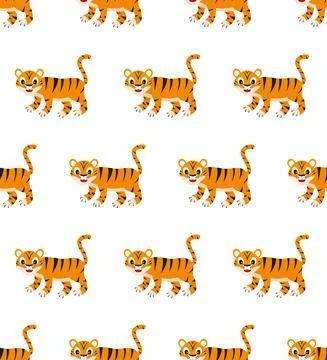 Cheerful cartoon tiger seamless pattern vector illustration. Stock Illustration