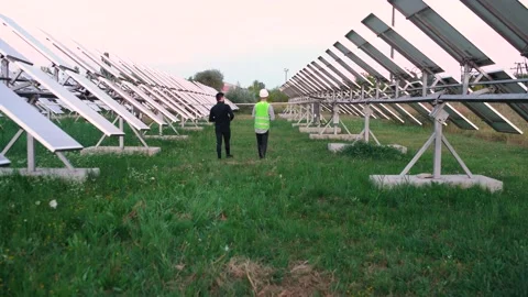 Cheerful Caucasian worker with successful engineer walking around on solar farm. Stock Footage 140209451