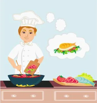 Cheerful chef cooks in the kitchen Stock Illustration