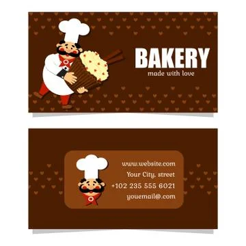 Cheerful chef with a huge cupcakes. Vector template. Stockillustratie