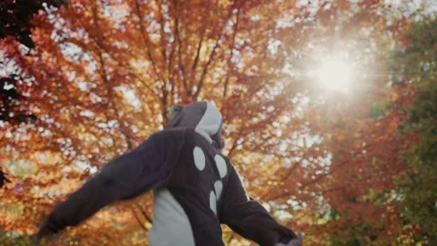 Cheerful child in deer costume dancing near autumn tree Stock Footage 246771198